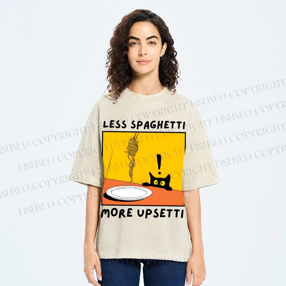 Unisex Less Spaghetti More Upsetti Cat Printed Washed Tee