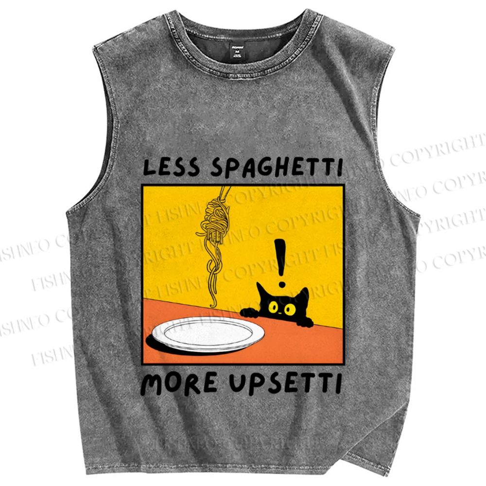 Unisex Less Spaghetti More Upsetti Cat Printed Washed Tank Top