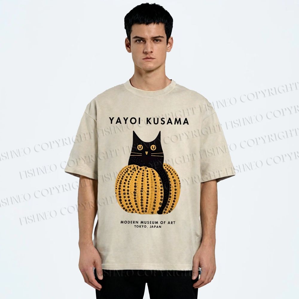 Unisex Yayoi Kusama Pumpkin Cat Printed Washed Tee