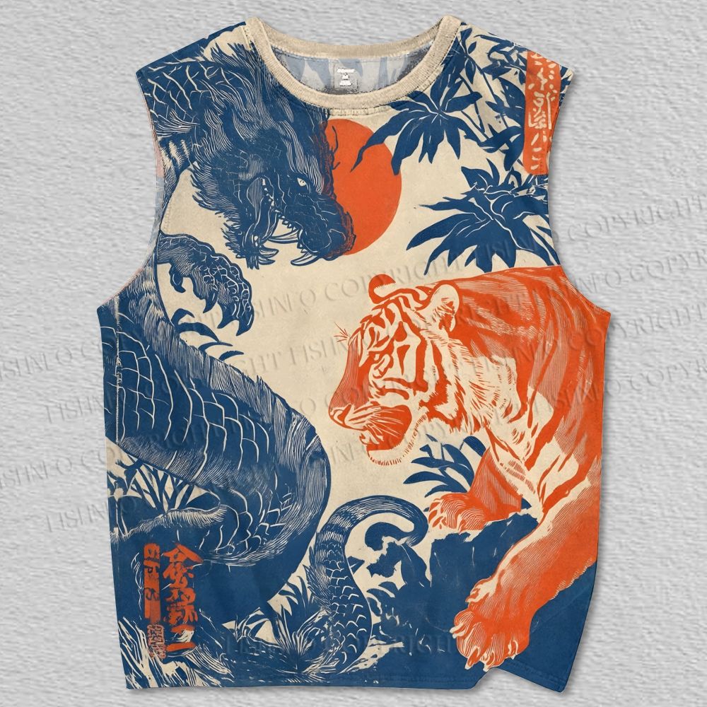 Unisex Dragon And Tiger Printed Tank Top