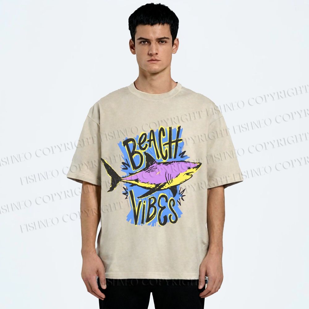 Unisex Shark Graffiti Beach Vibes Printed Washed Tee
