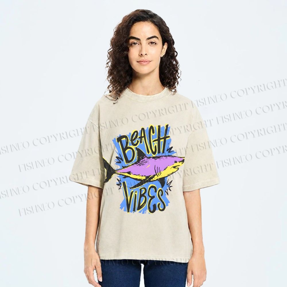 Unisex Shark Graffiti Beach Vibes Printed Washed Tee