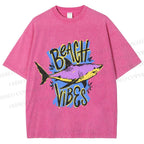 Unisex Shark Graffiti Beach Vibes Printed Washed Tee
