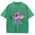 Unisex Shark Graffiti Beach Vibes Printed Washed Tee