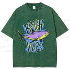 Unisex Shark Graffiti Beach Vibes Printed Washed Tee
