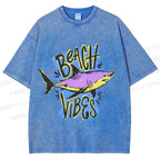 Unisex Shark Graffiti Beach Vibes Printed Washed Tee