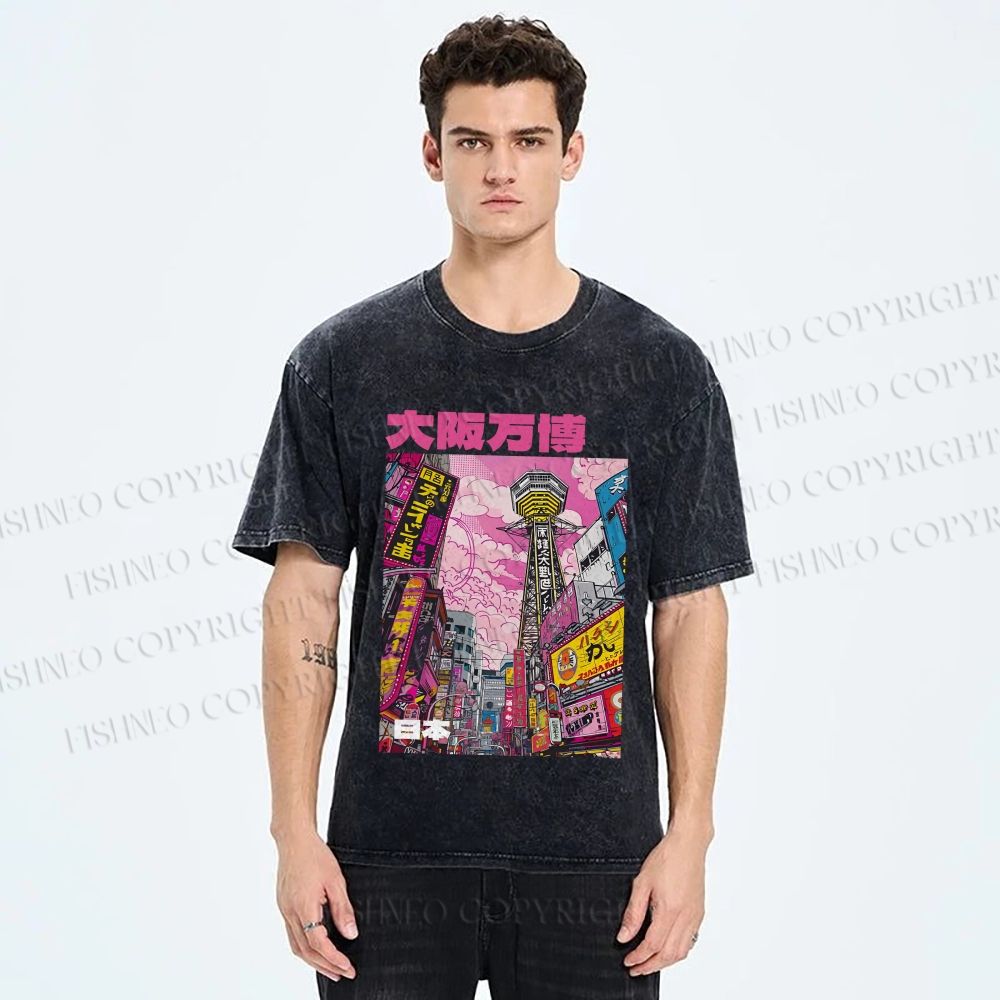Unisex Osaka Japanese City View Printed Washed Tee