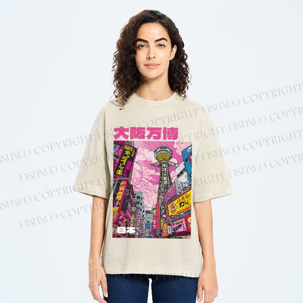 Unisex Osaka Japanese City View Printed Washed Tee