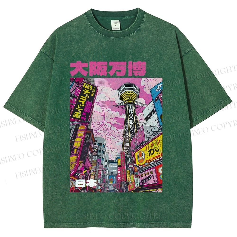 Unisex Osaka Japanese City View Printed Washed Tee