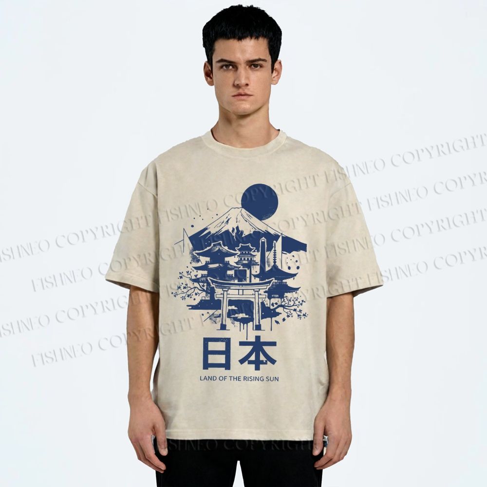 Unisex Mount Fuji Japanese Graffiti Printed Washed Tee
