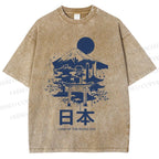 Unisex Mount Fuji Japanese Graffiti Printed Washed Tee