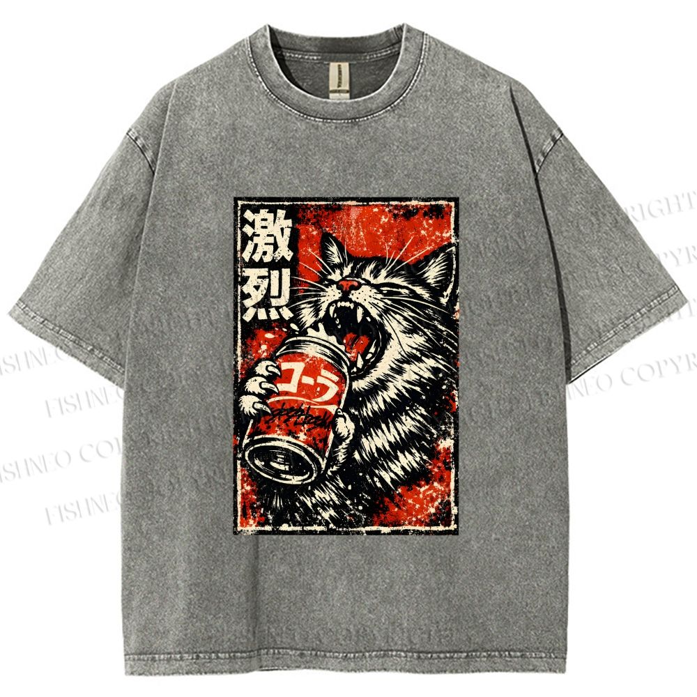 Unisex Cat Drinking Beer Printed Washed Tee