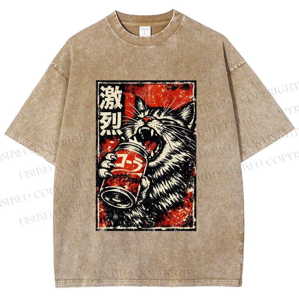 Unisex Cat Drinking Beer Printed Washed Tee