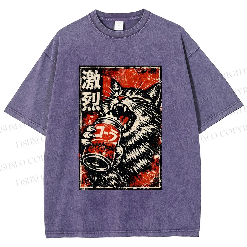 Unisex Cat Drinking Beer Printed Washed Tee