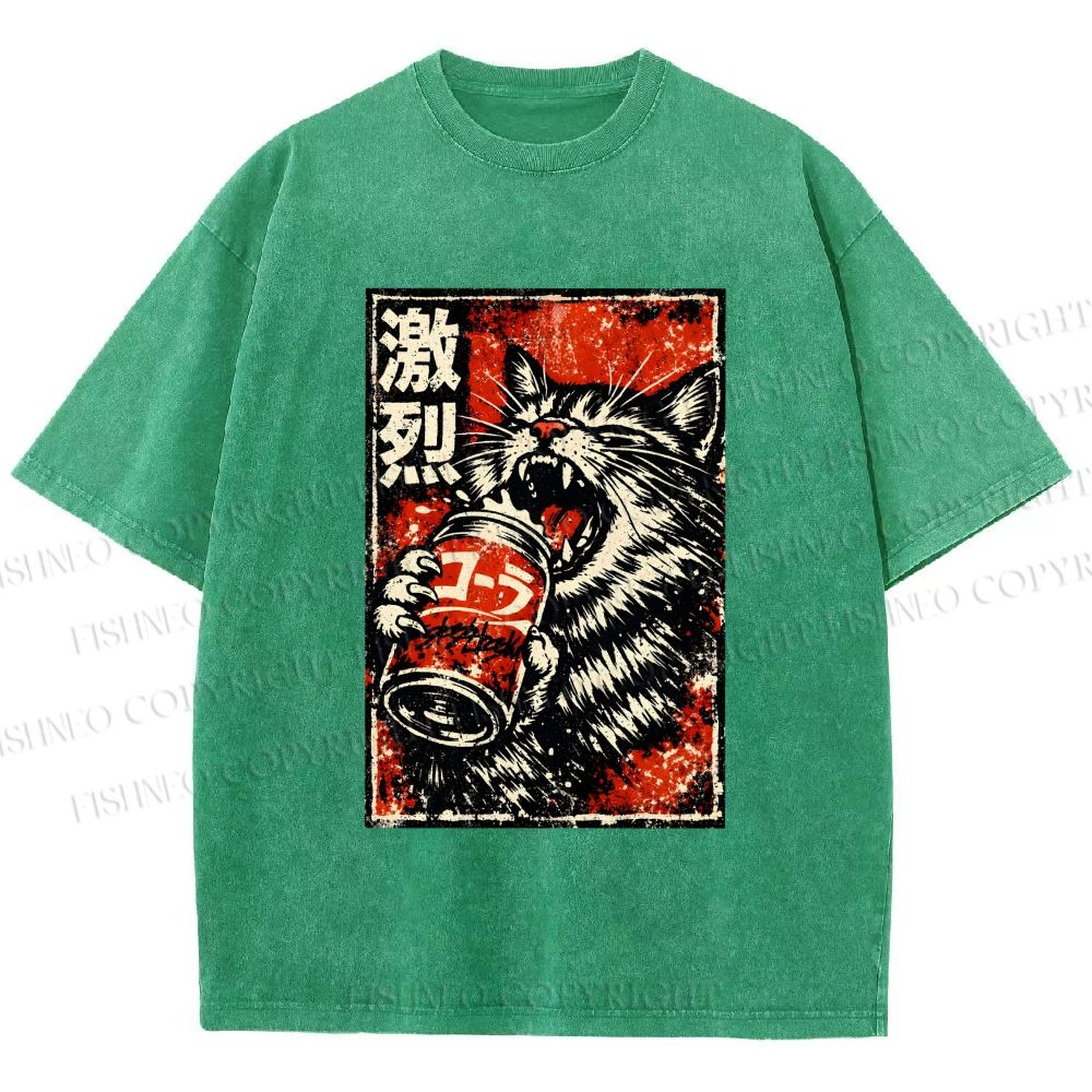 Unisex Cat Drinking Beer Printed Washed Tee