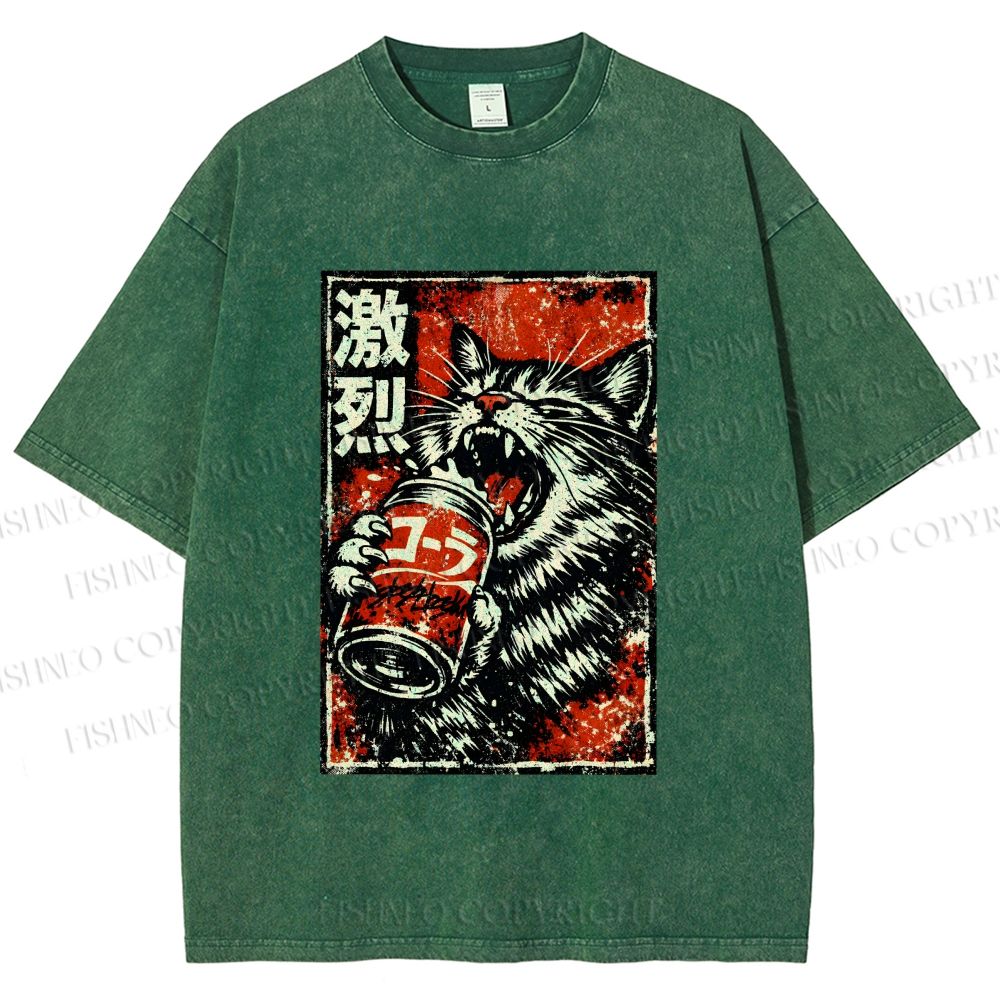 Unisex Cat Drinking Beer Printed Washed Tee