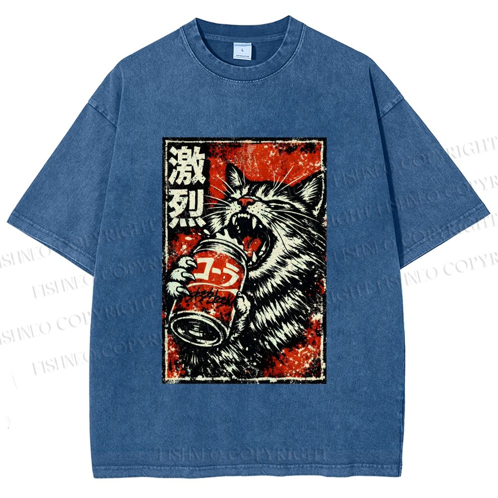 Unisex Cat Drinking Beer Printed Washed Tee