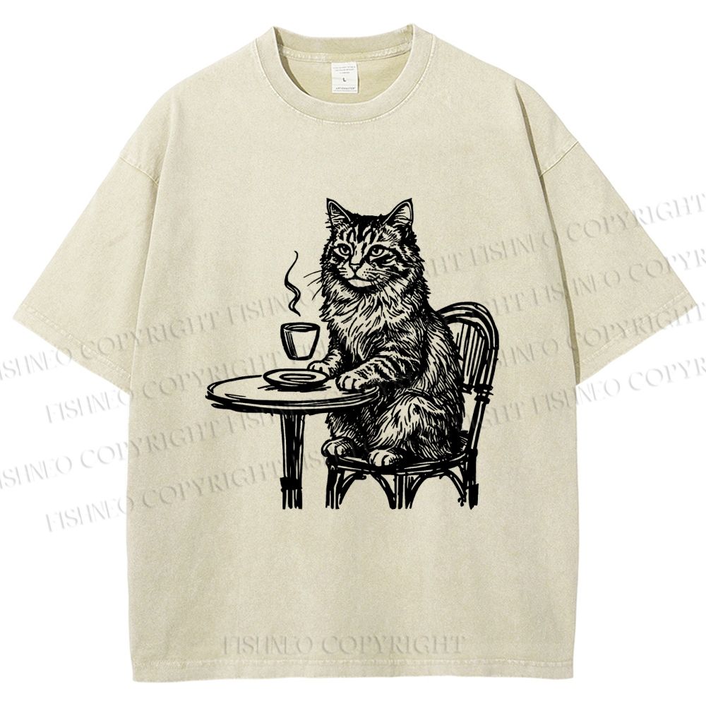 Unisex Elegant Long-haired Cat Printed Washed Tee
