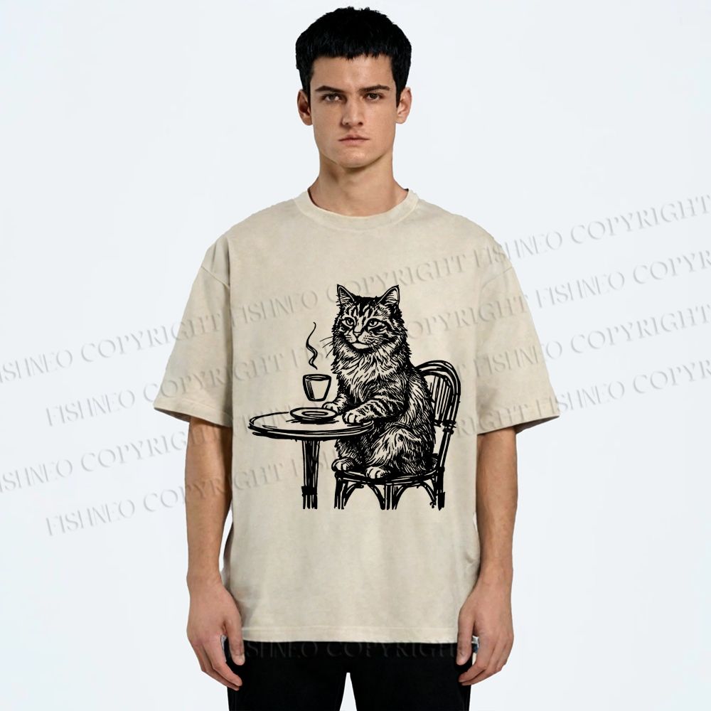 Unisex Elegant Long-haired Cat Printed Washed Tee
