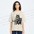 Unisex Elegant Long-haired Cat Printed Washed Tee