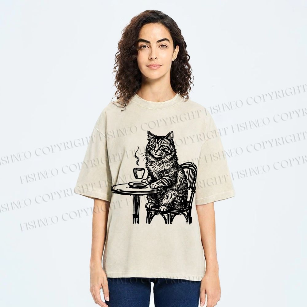 Unisex Elegant Long-haired Cat Printed Washed Tee