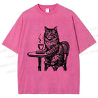 Unisex Elegant Long-haired Cat Printed Washed Tee