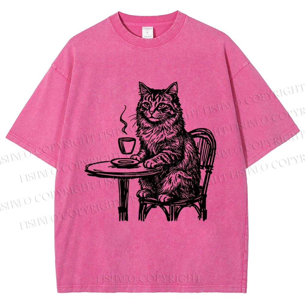 Unisex Elegant Long-haired Cat Printed Washed Tee