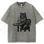 Unisex Elegant Long-haired Cat Printed Washed Tee