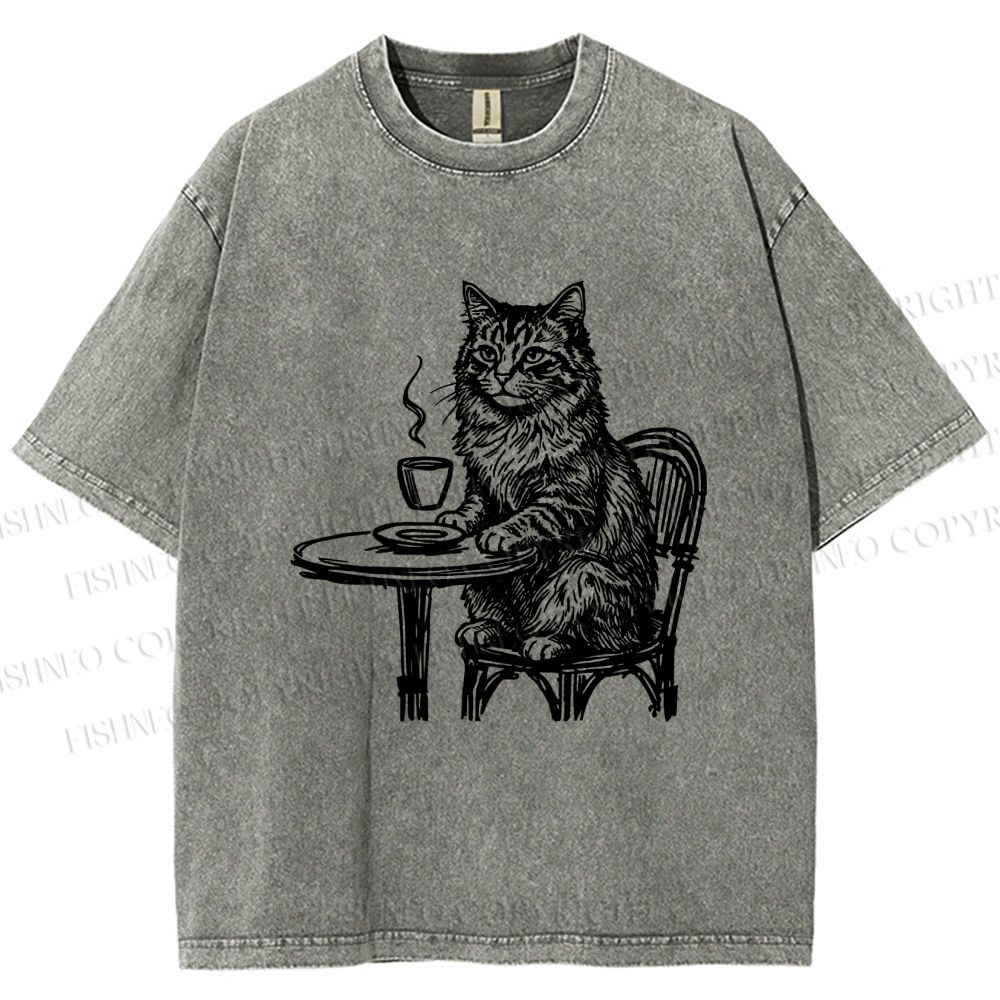 Unisex Elegant Long-haired Cat Printed Washed Tee