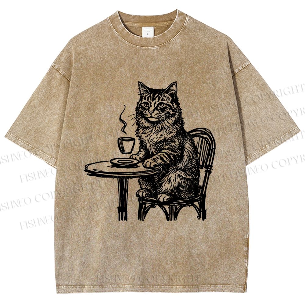 Unisex Elegant Long-haired Cat Printed Washed Tee