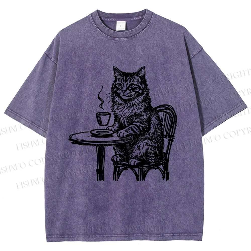 Unisex Elegant Long-haired Cat Printed Washed Tee