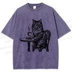Unisex Elegant Long-haired Cat Printed Washed Tee