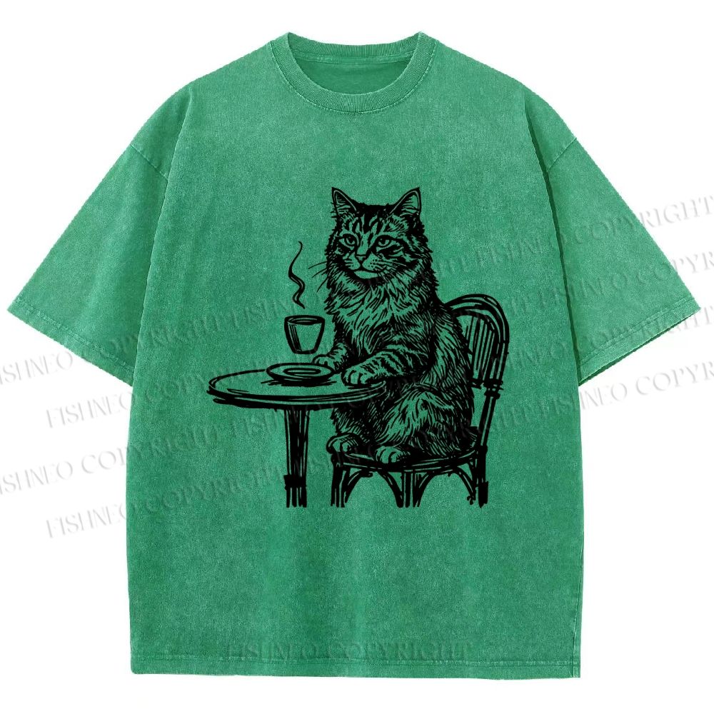Unisex Elegant Long-haired Cat Printed Washed Tee