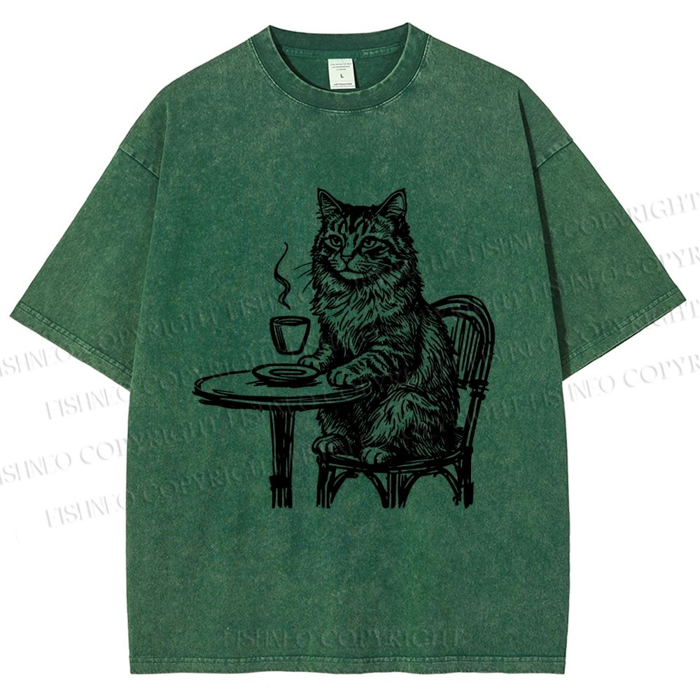 Unisex Elegant Long-haired Cat Printed Washed Tee