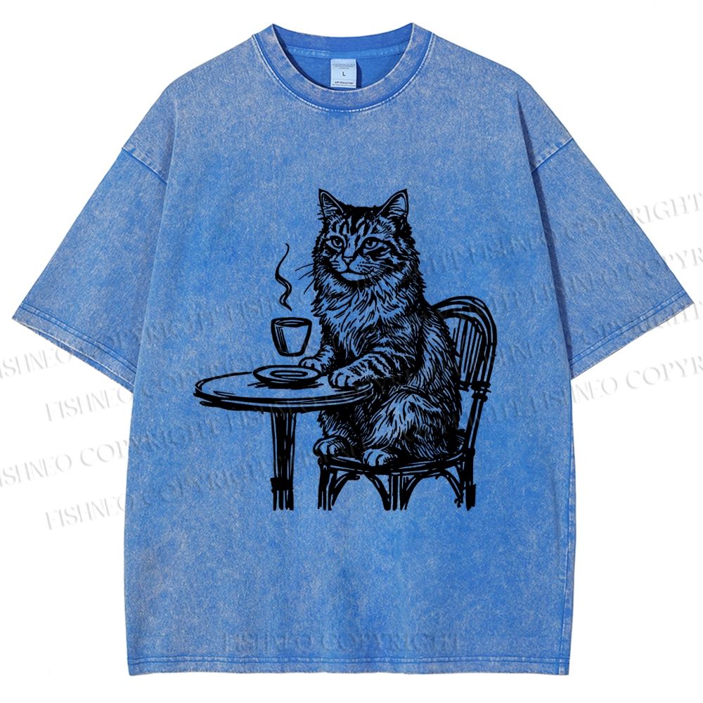 Unisex Elegant Long-haired Cat Printed Washed Tee