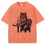 Unisex Elegant Long-haired Cat Printed Washed Tee