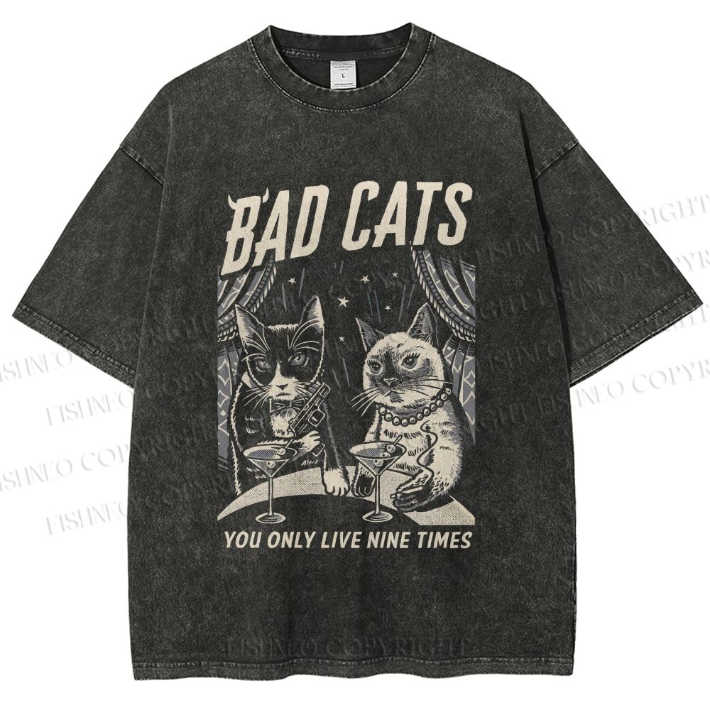 Unisex Bad Cats: Nine Lives Only Printed Washed Tee