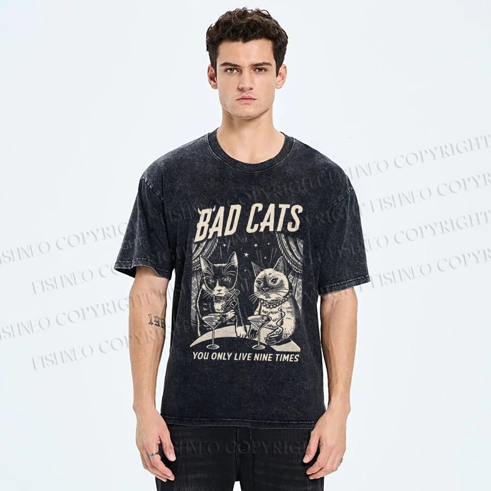 Unisex Bad Cats: Nine Lives Only Printed Washed Tee
