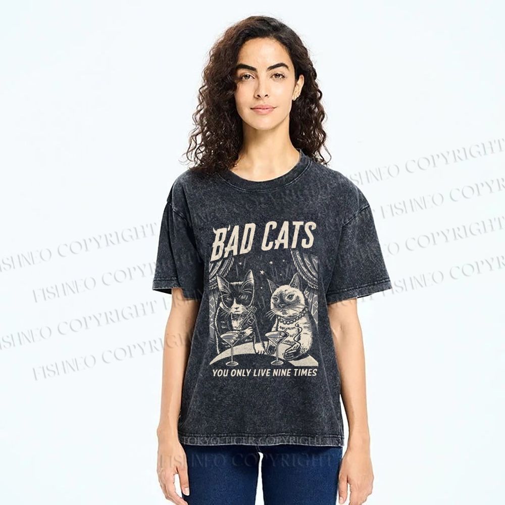 Unisex Bad Cats: Nine Lives Only Printed Washed Tee