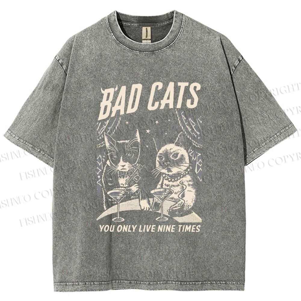 Unisex Bad Cats: Nine Lives Only Printed Washed Tee