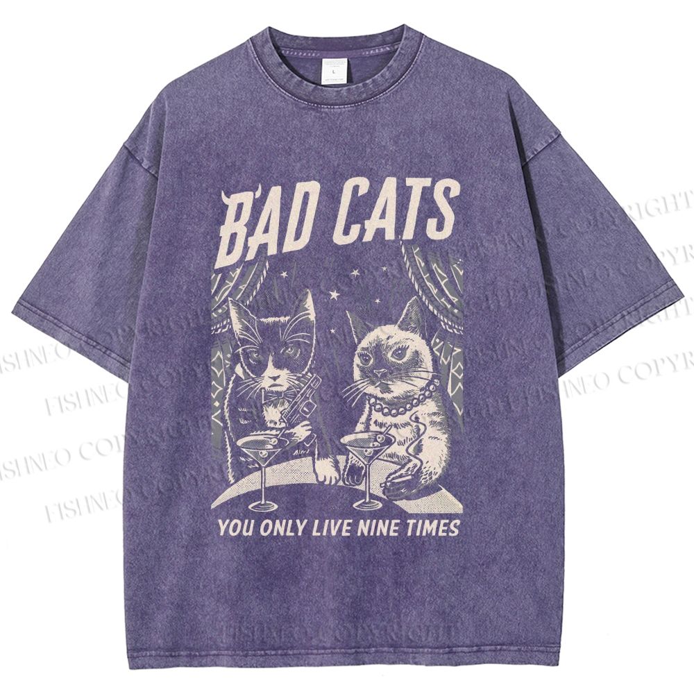 Unisex Bad Cats: Nine Lives Only Printed Washed Tee