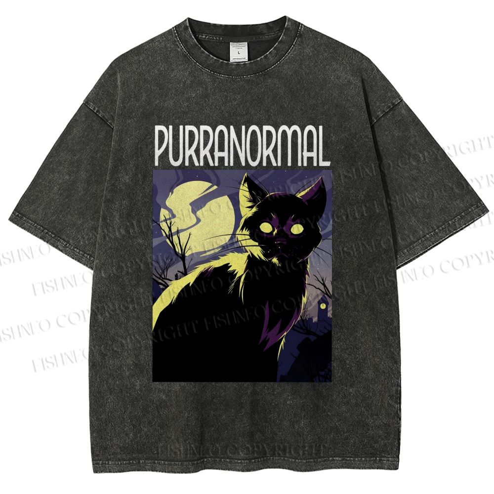 Unisex Midnight Haunt Cat Printed Washed Tee