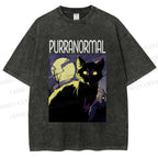 Unisex Midnight Haunt Cat Printed Washed Tee