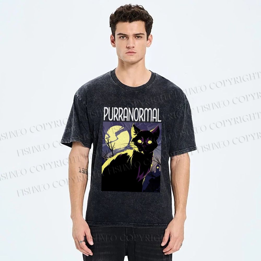 Unisex Midnight Haunt Cat Printed Washed Tee