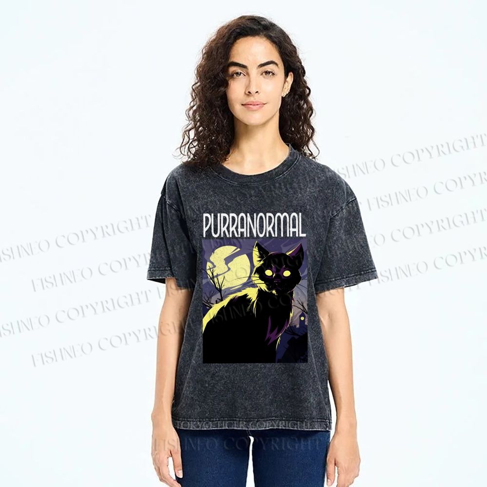 Unisex Midnight Haunt Cat Printed Washed Tee