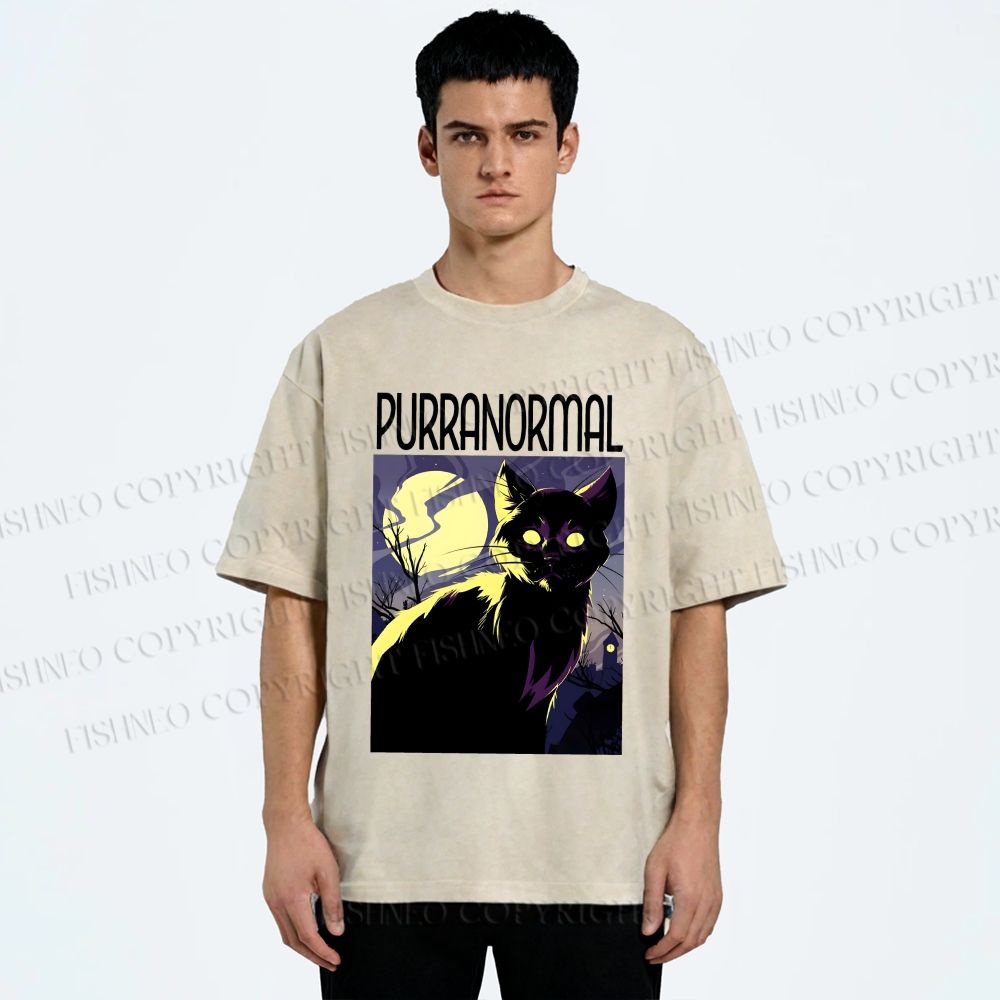 Unisex Midnight Haunt Cat Printed Washed Tee