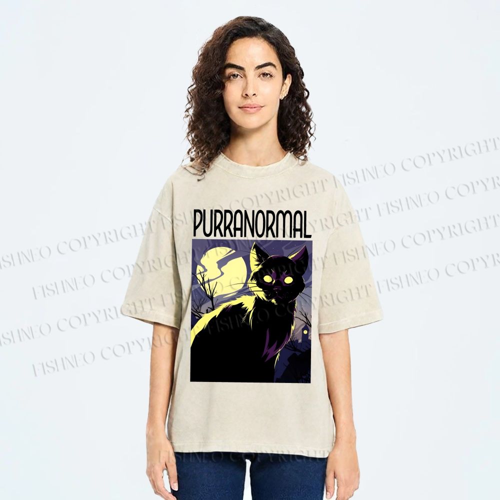 Unisex Midnight Haunt Cat Printed Washed Tee