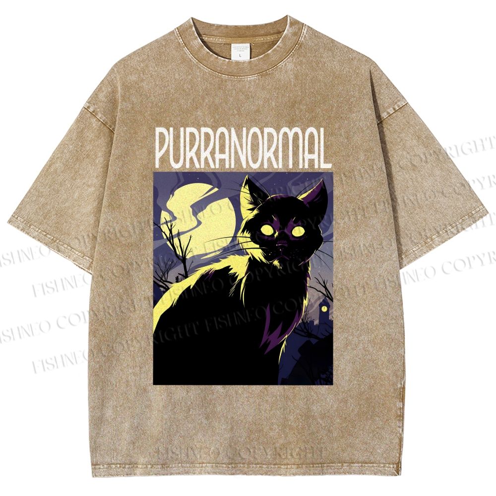 Unisex Midnight Haunt Cat Printed Washed Tee
