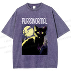 Unisex Midnight Haunt Cat Printed Washed Tee