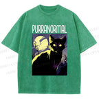 Unisex Midnight Haunt Cat Printed Washed Tee